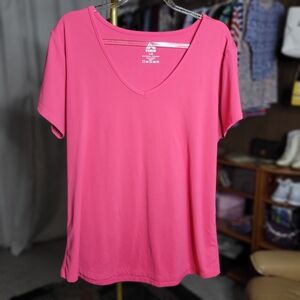 RBX Women's Short Sleeve V-Neck Top, Pink, Activewear, Exercise Top, Size Large